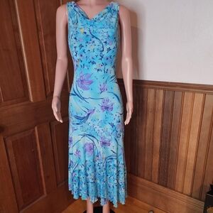 Exotica Carmel CA Blue Floral Nylon Dress Handpainted Medium